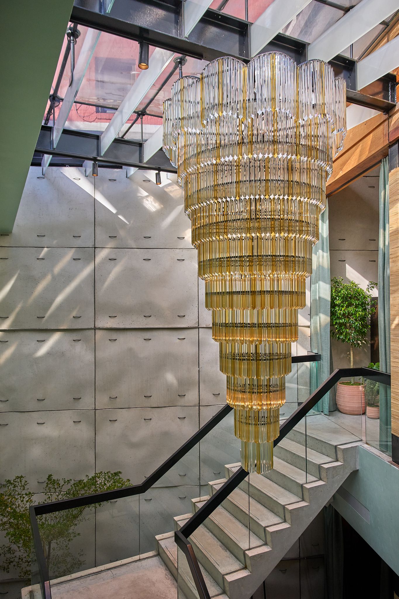 the stair at Principe restaurant in Soho, NY. Designed by Studio Vogelsang. Detail of the chandelier by Sogni di Cristallo