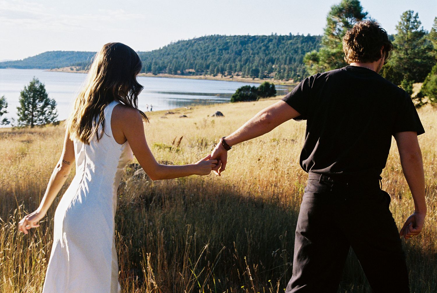 Couple holding hands walking through golden grass with lake and mountains in background.
