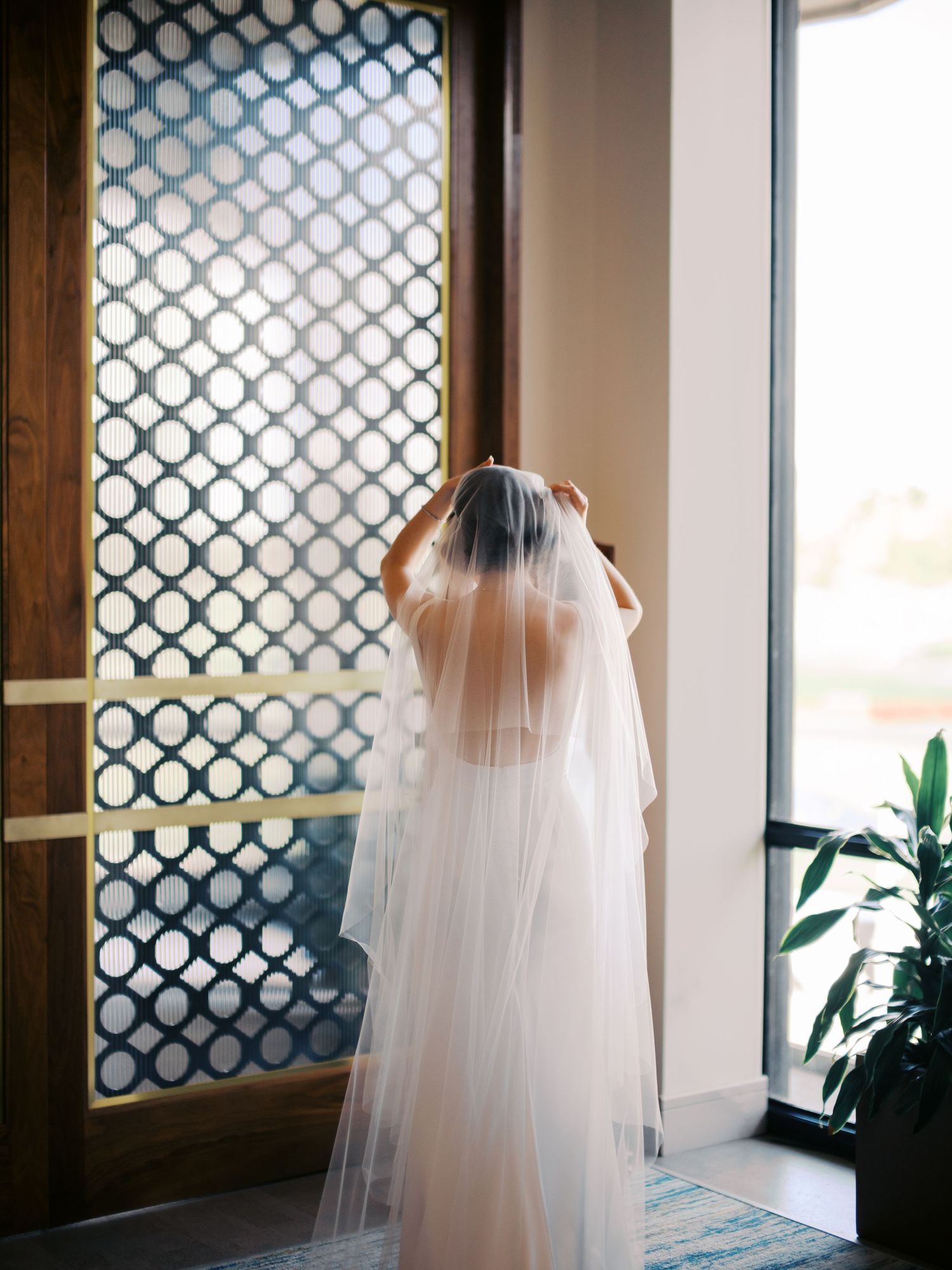 A flowing white wedding veil silhouetted against a decorative latticed window in soft natural light.