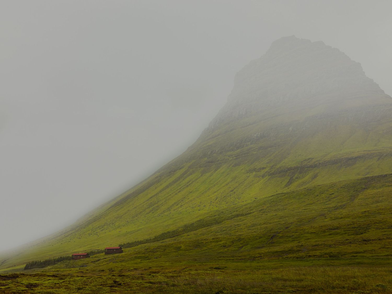 Misty green mountain slope with low clouds covering the peak.