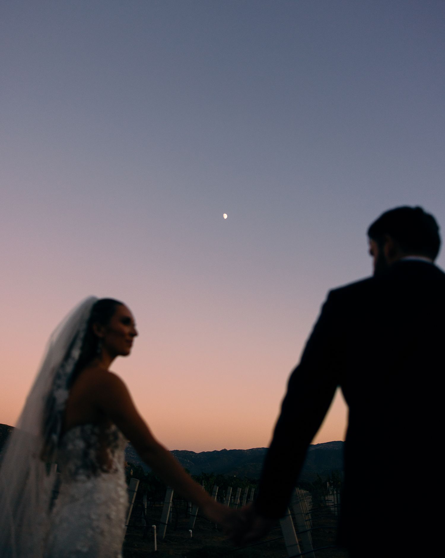 Silhouettes of a couple against a sunset sky with a glowing moon.