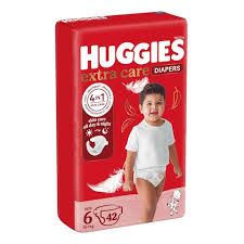 Red package of Huggies disposable diapers displaying size 6 for toddlers on white background.