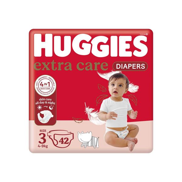 Red Huggies Extra Care size 3 diaper package showing product details for babies weighing 5-9kg with 42 count.