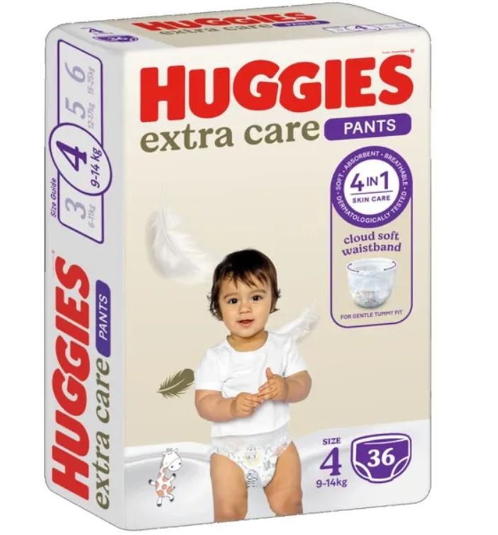 Huggies Extra Care pants package with size 4 diapers featuring a toddler in white against light background.