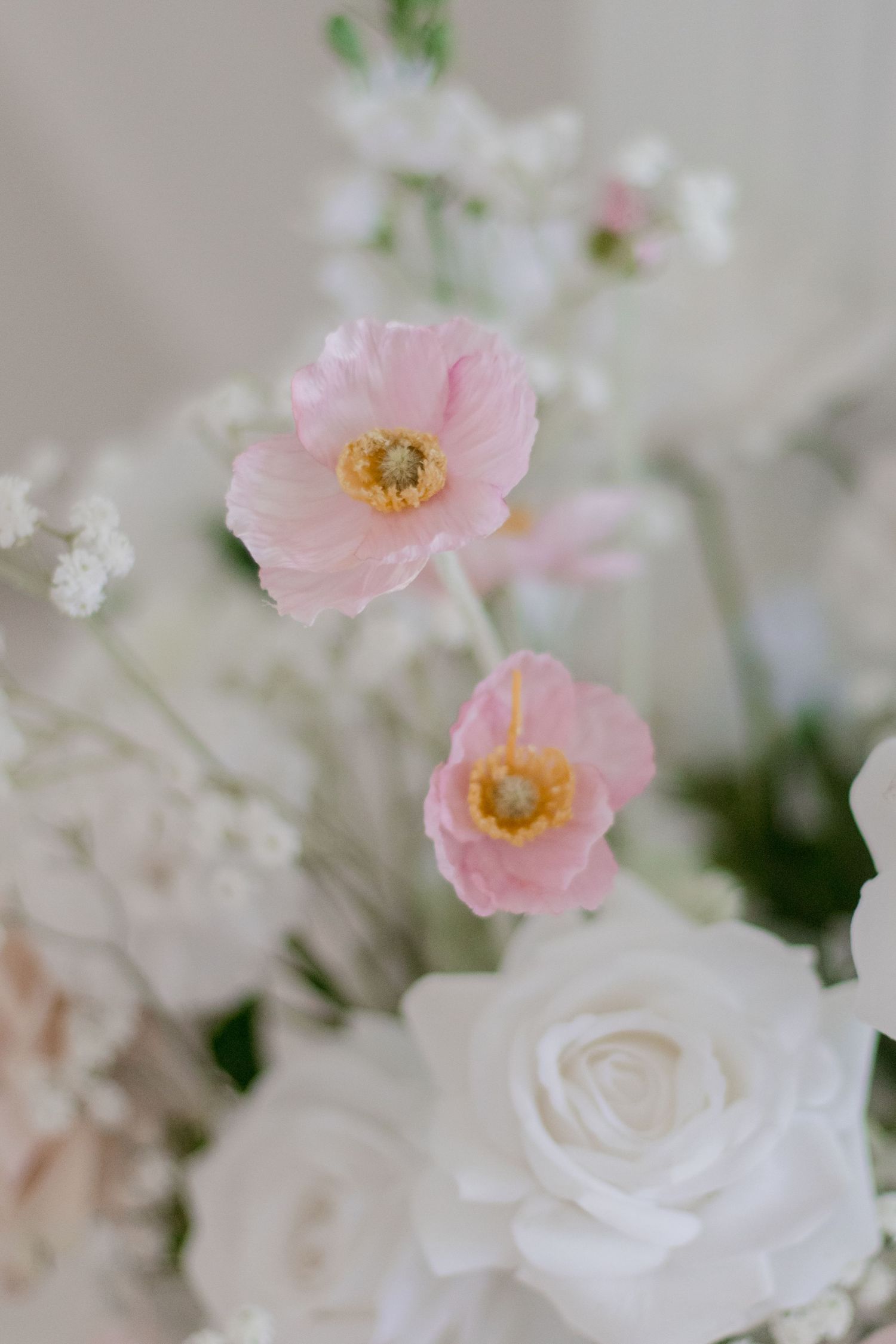 Delicate pink poppies and white roses in soft focus floral arrangement.