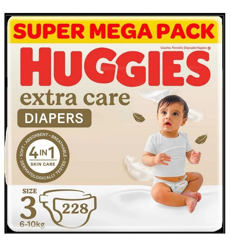 Huggies Extra Care super mega pack size 3 diapers package featuring a baby wearing white against beige background.