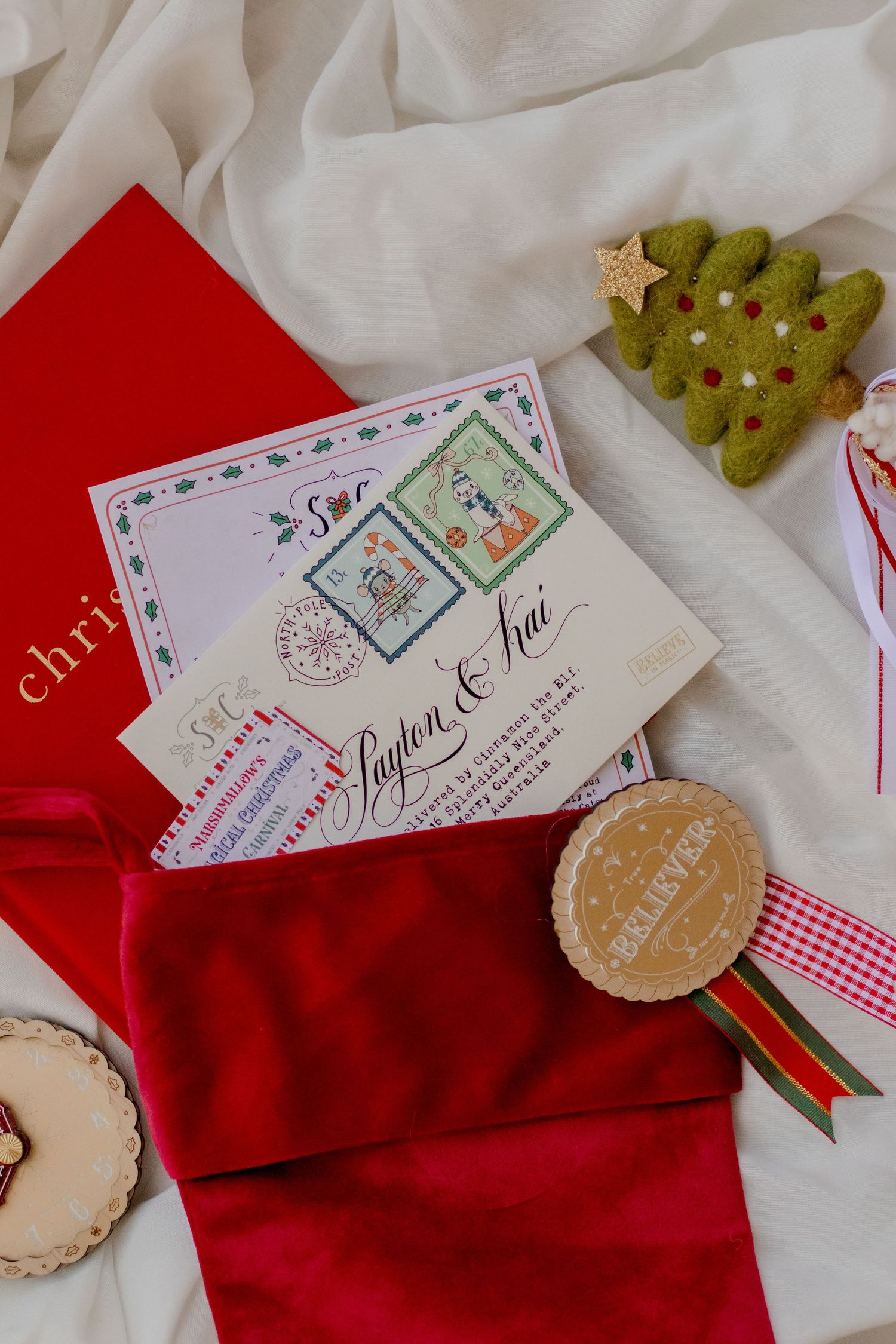 Holiday stationery and decorations with red stockings and green tree ornament.