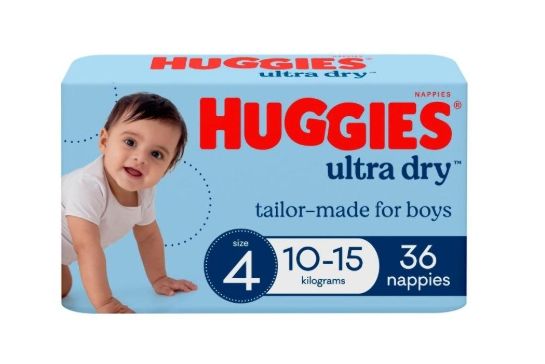 Huggies Ultra Dry size 4 diaper package designed for boys weighing 10-15 kilos containing 36 nappies.