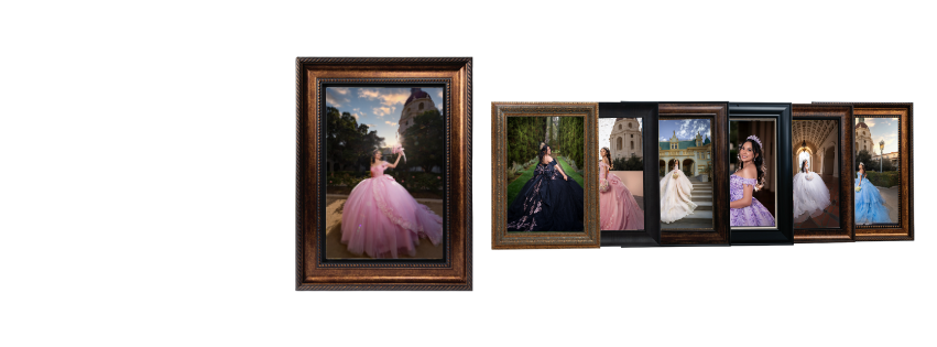 Collection of wedding photos displayed in elegant brown wooden frames showing romantic moments and portrait poses.
