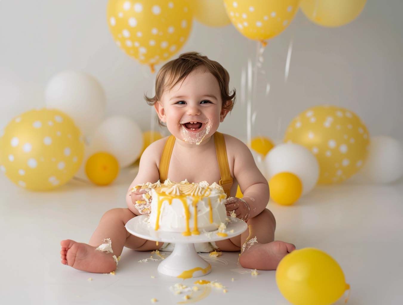 A smiling baby in yellow sits with a cake amid polka dot balloons for a festive celebration.