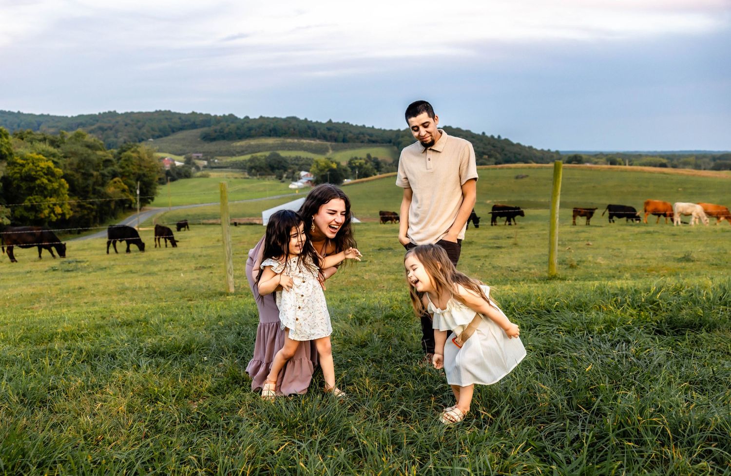 A candid moment of people enjoying time together in a rural setting with cattle grazing in the background.