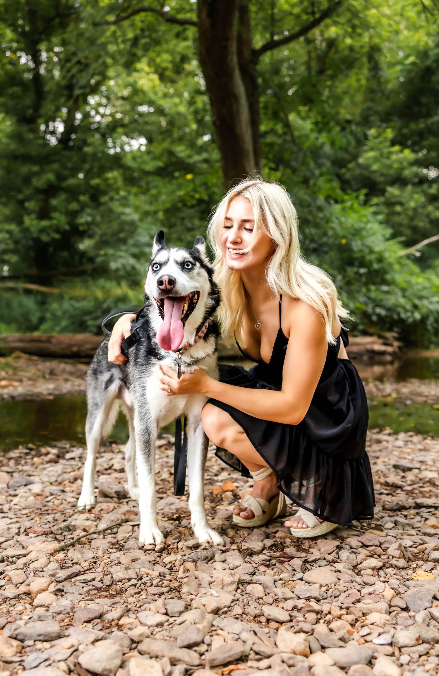 A happy Husky dog shares a joyful moment with someone in a black dress by a stream.