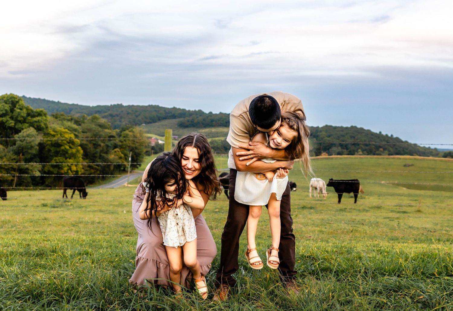 A family shares an intimate moment together in a sunny pasture with cattle grazing nearby.