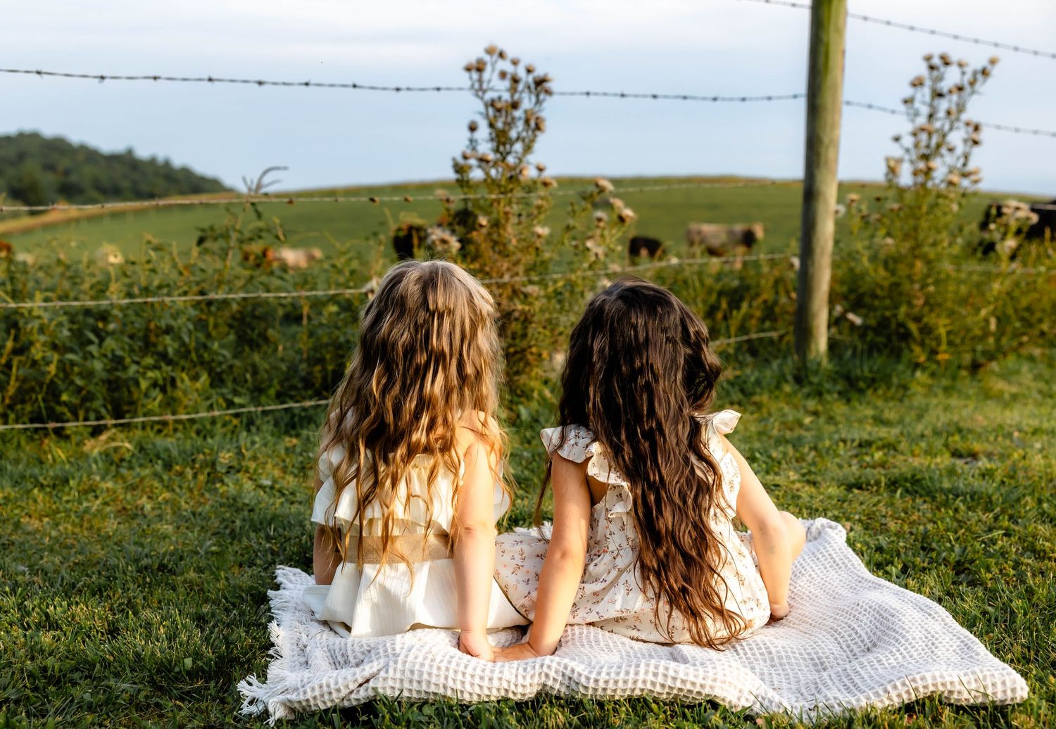 Two people in white dresses sitting on blanket overlooking pastoral farmland.