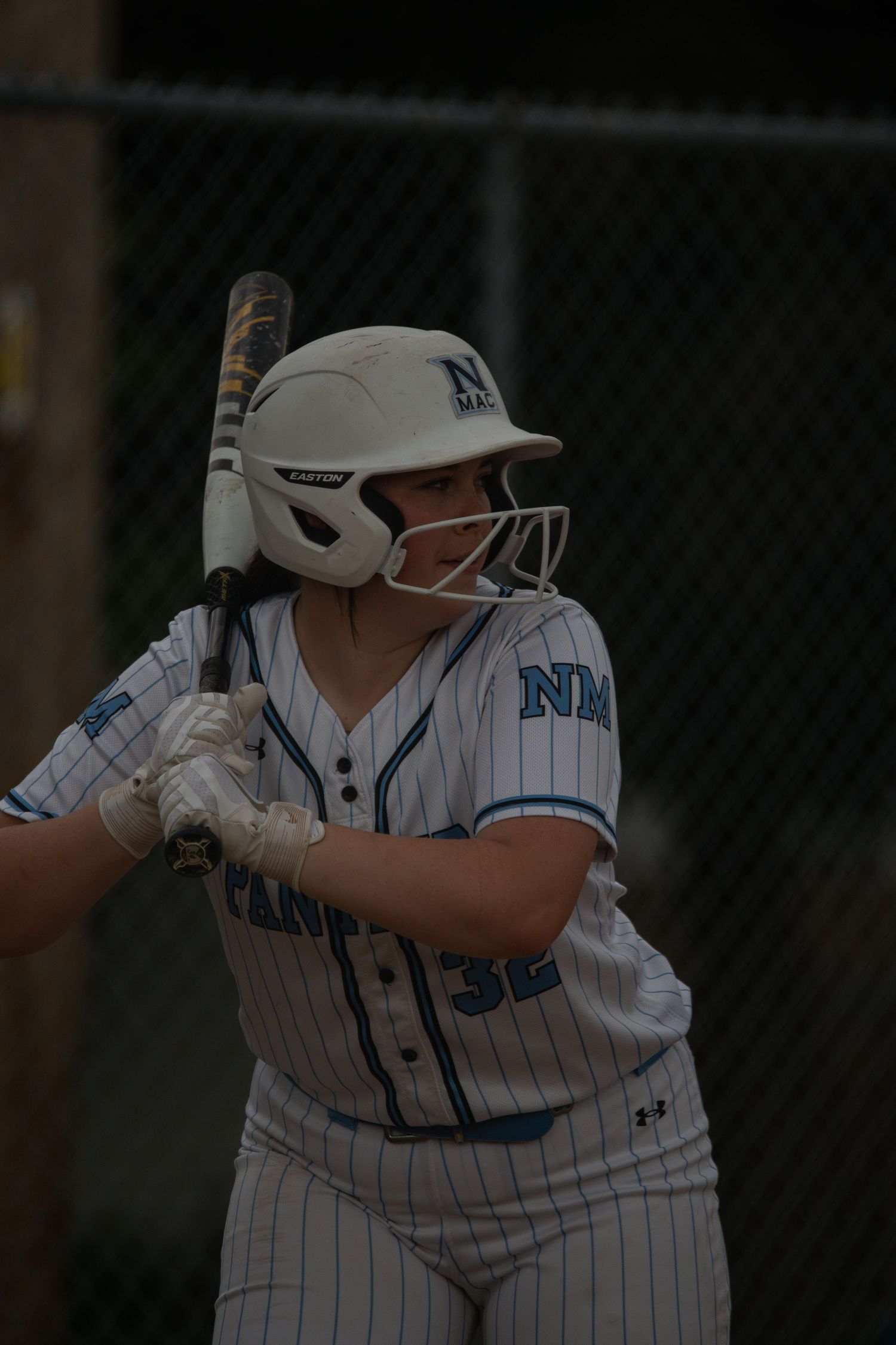 Softball batter in white pinstripe uniform takes batting stance during nighttime game.