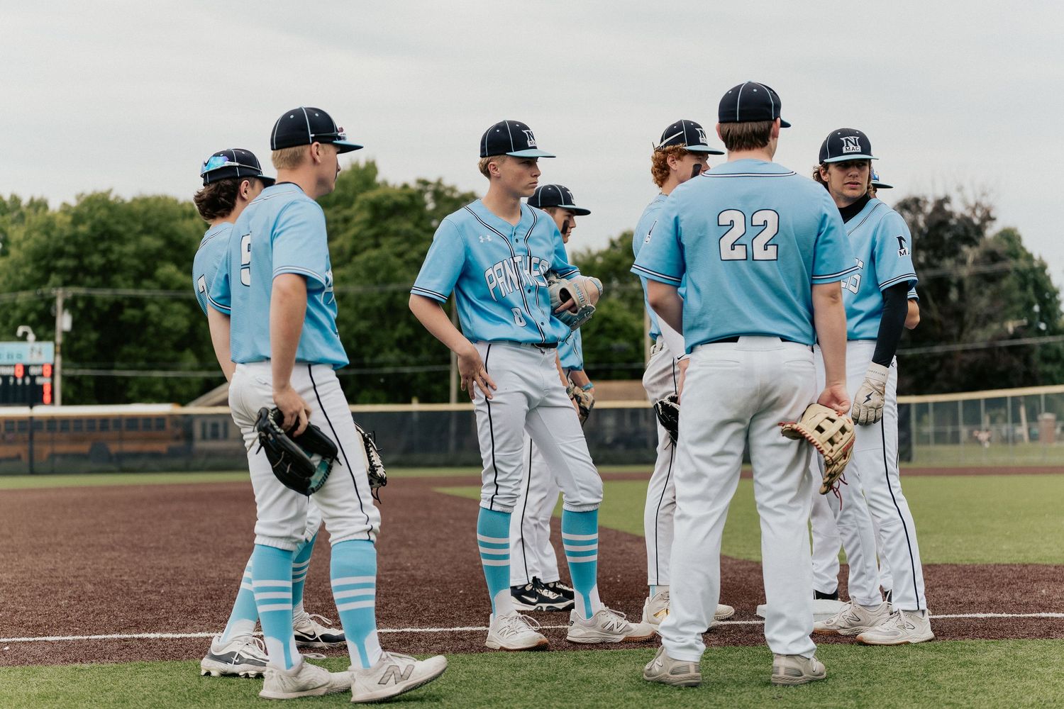 Baseball players in light blue uniforms lined up on a baseball field during a game.