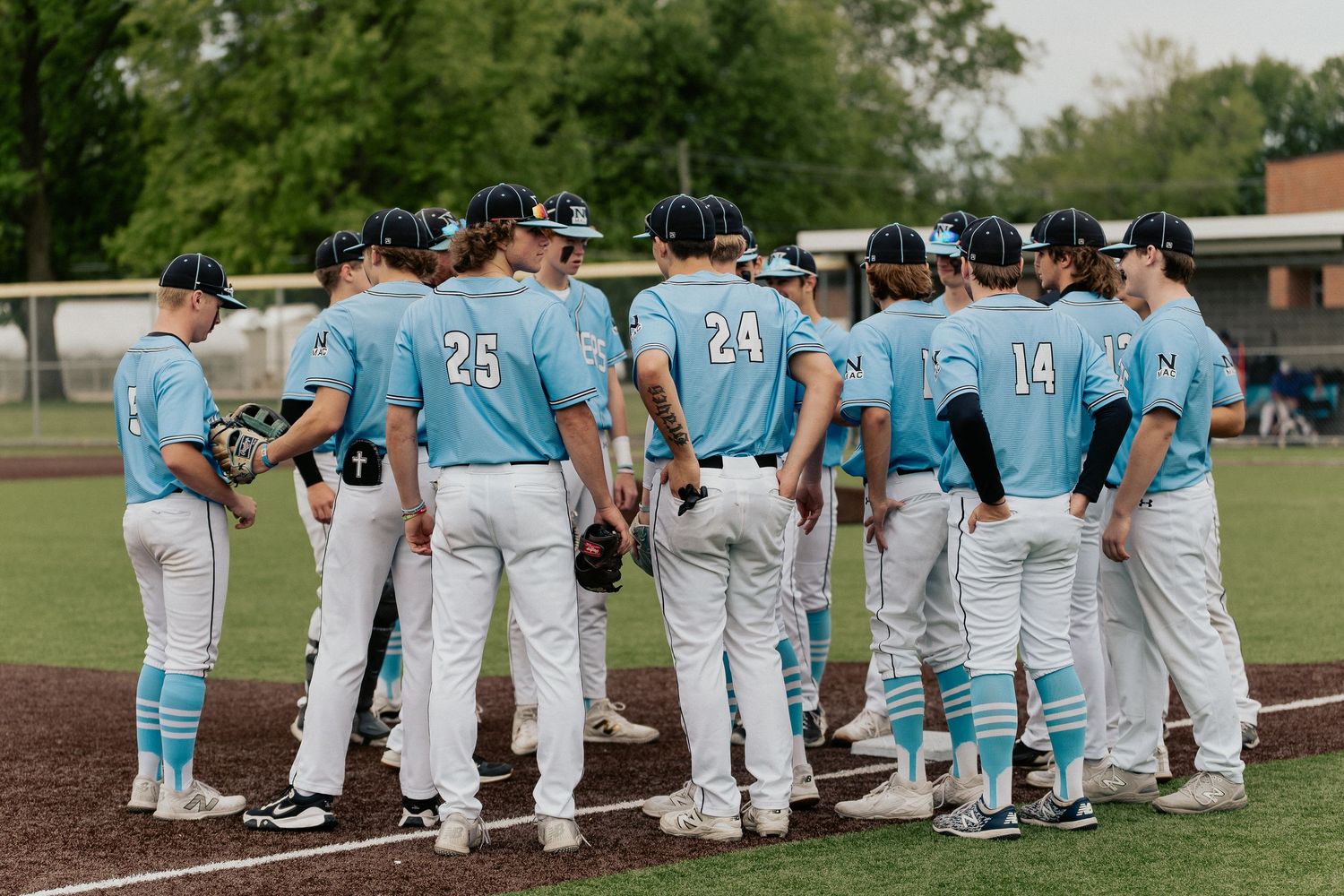 Baseball team wearing powder blue jerseys standing together on the field.