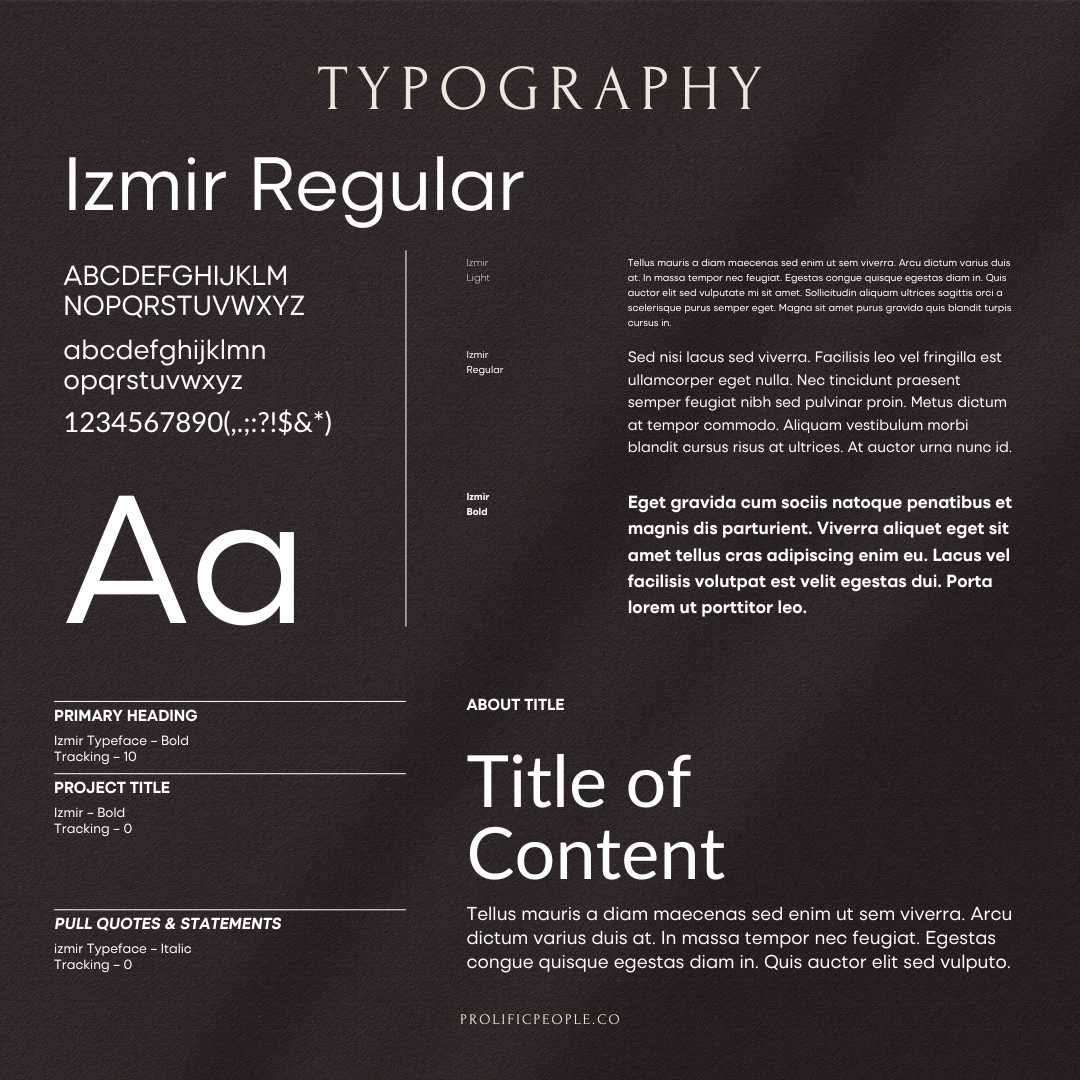 Typography specimen sheet showing Izmir Regular font family with letters and numbers in black and white.