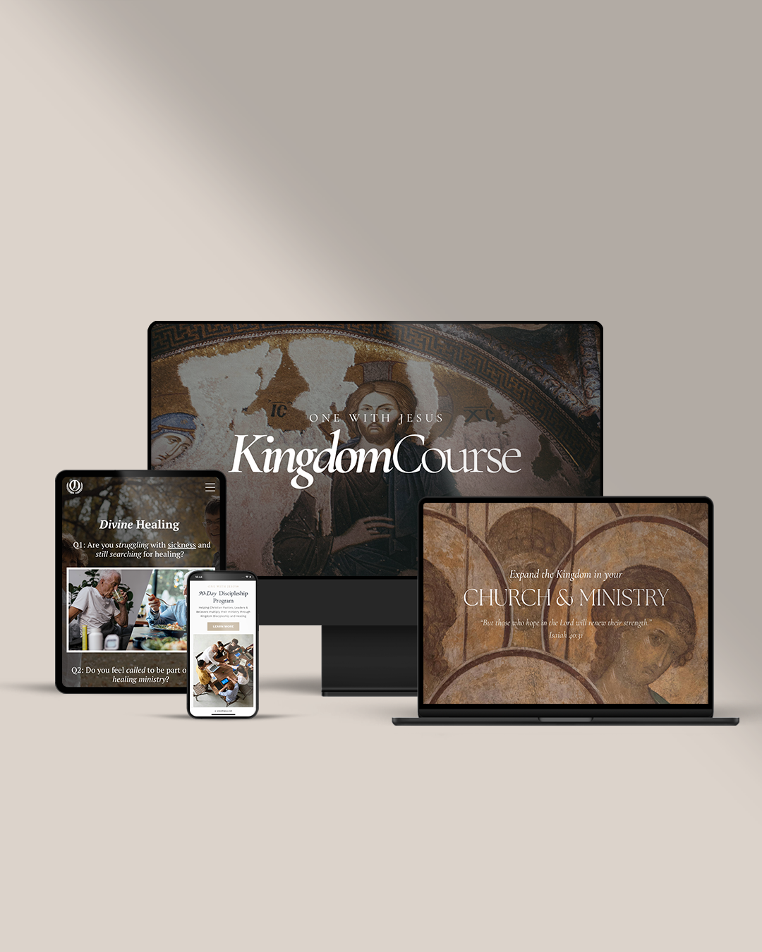 Multiple device mockups displaying Kingdom Course website design on different screens.