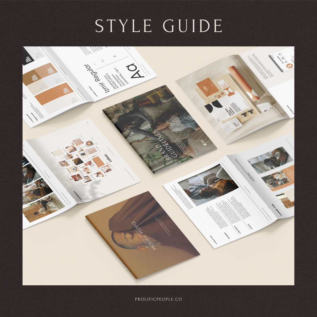 Style guide mockup showing multiple spread layouts with brand design elements.