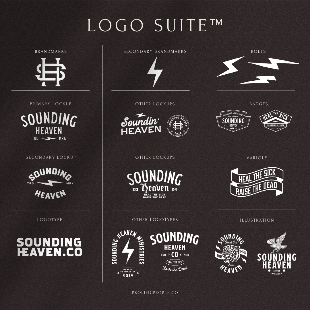 Collection of vintage-style logo designs for Sounding Heaven brand with lightning bolt motifs.