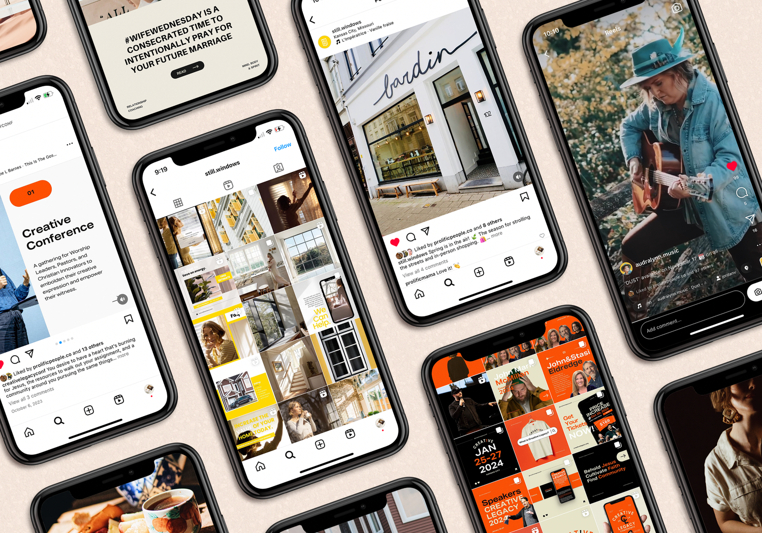 Collection of mobile devices arranged in a grid layout showcasing social media interface designs.