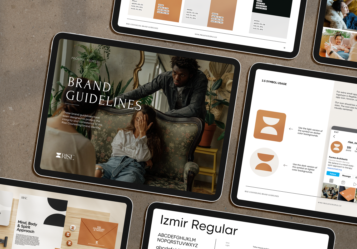 Multiple mockups of brand design documents and guidelines displayed on digital devices.