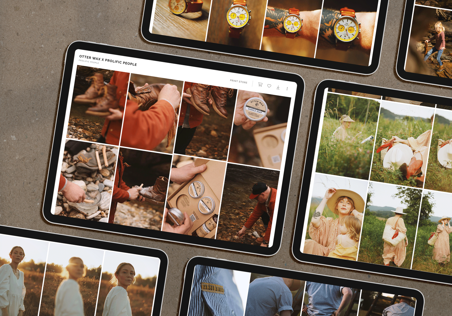 Professional photography storyboard displayed on several mobile devices showing a photoshoot sequence.