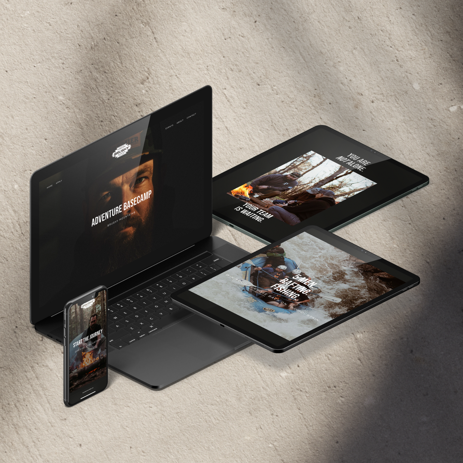 Responsive web design mockup showing website layout across multiple devices on textured background.