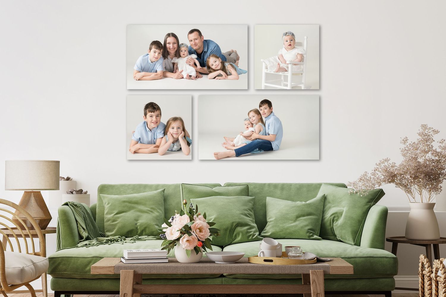 Modern living room featuring gallery wall of family photos above green velvet sofa with wooden coffee table.
