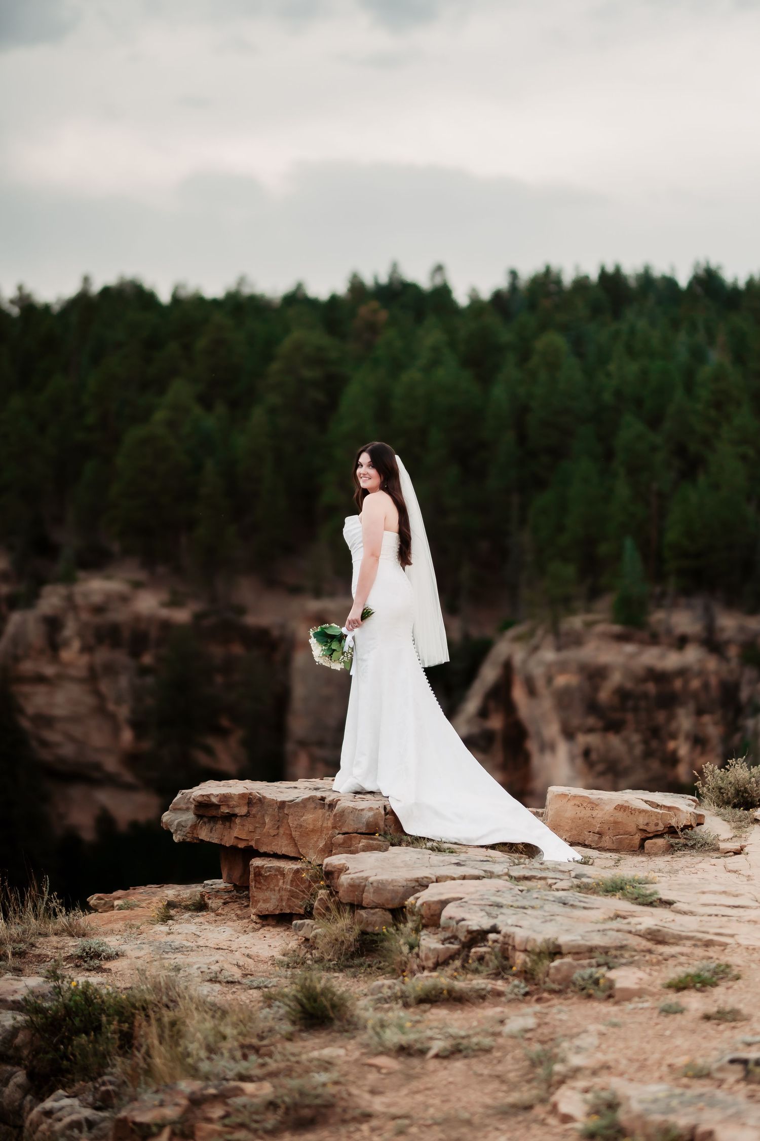 Bride in flowing dress stands on rocky overlook with forest backdrop.