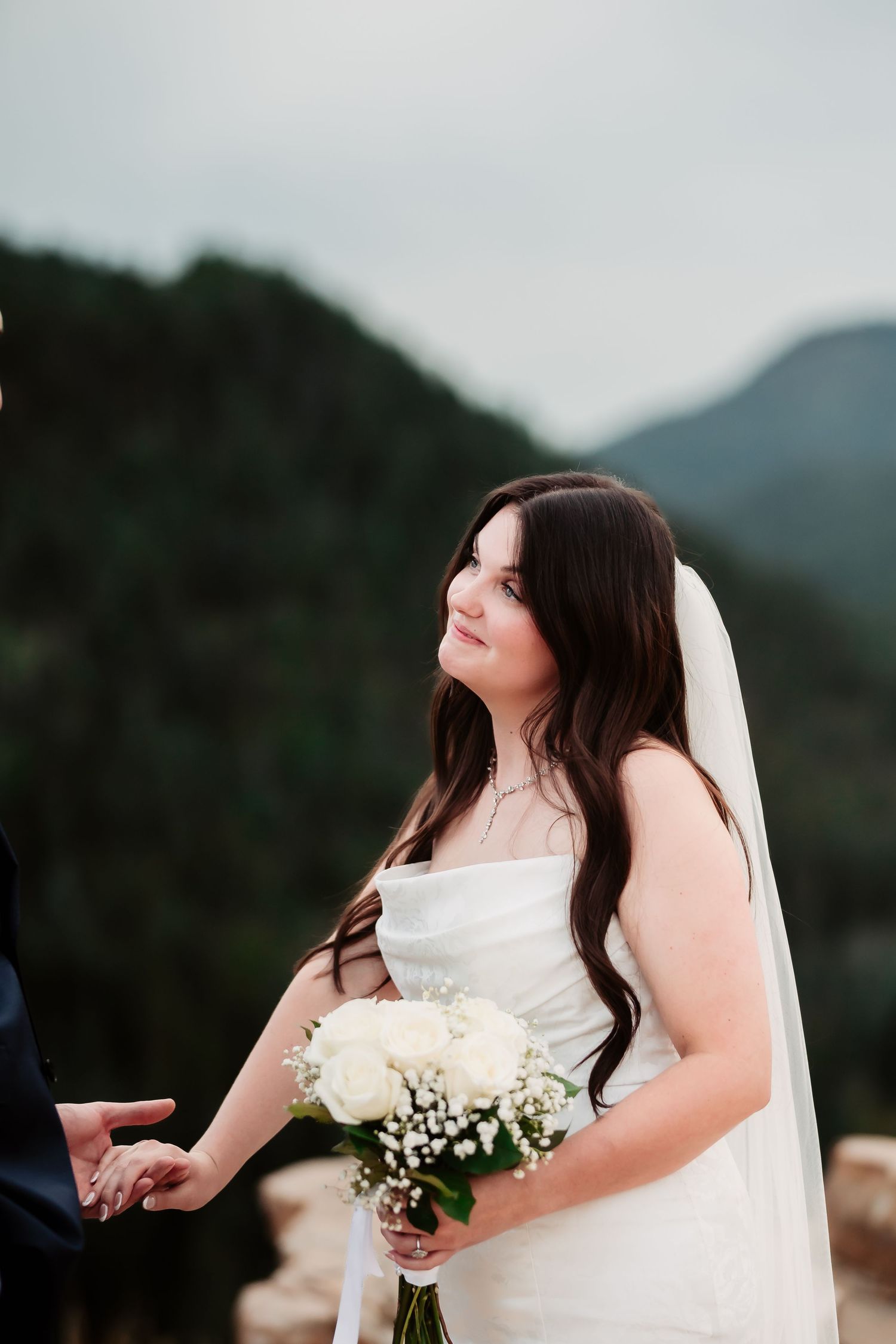 Bride holding white bouquet poses against mountain landscape.