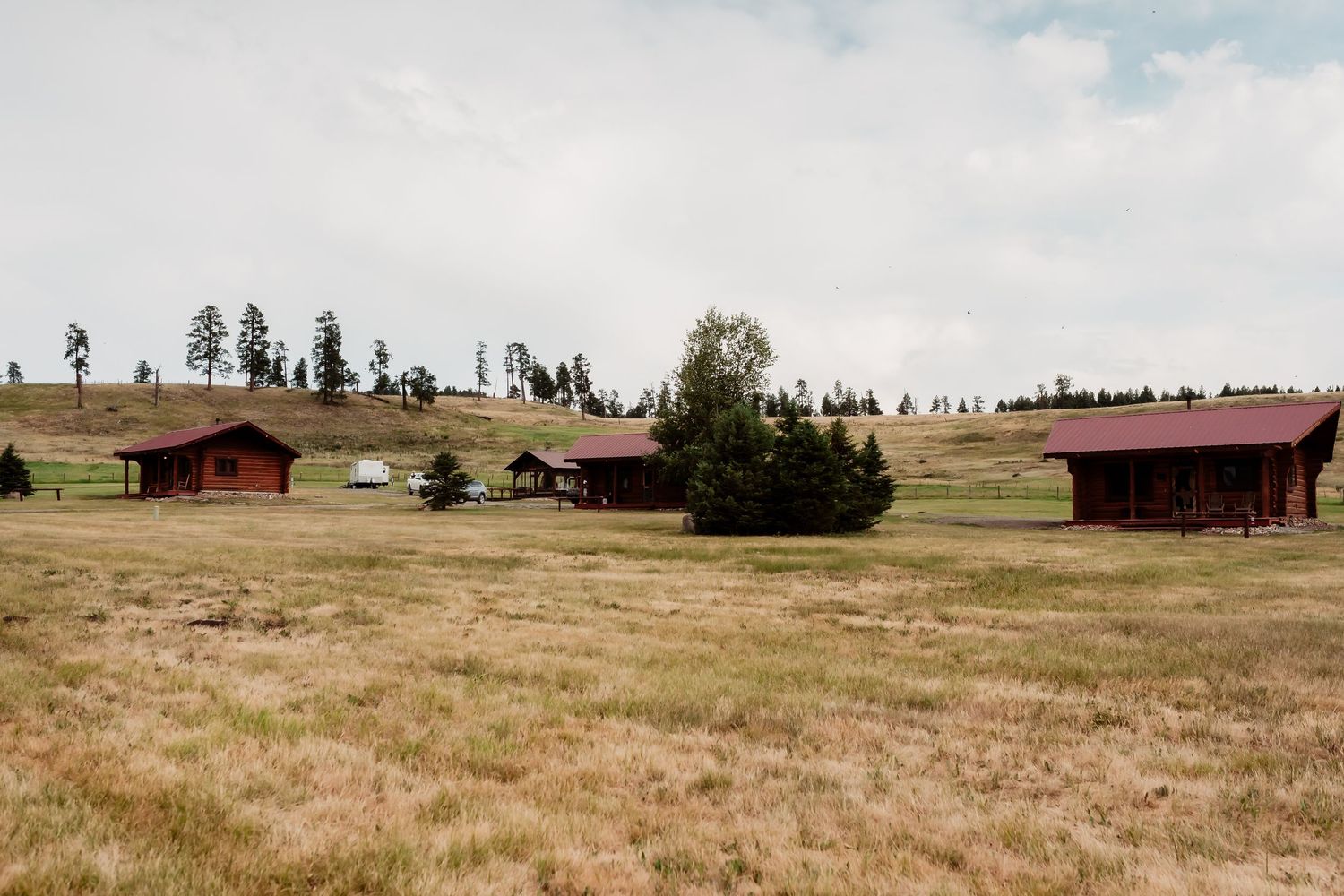 Rustic log cabin lodges scattered across a rolling mountain meadow landscape.