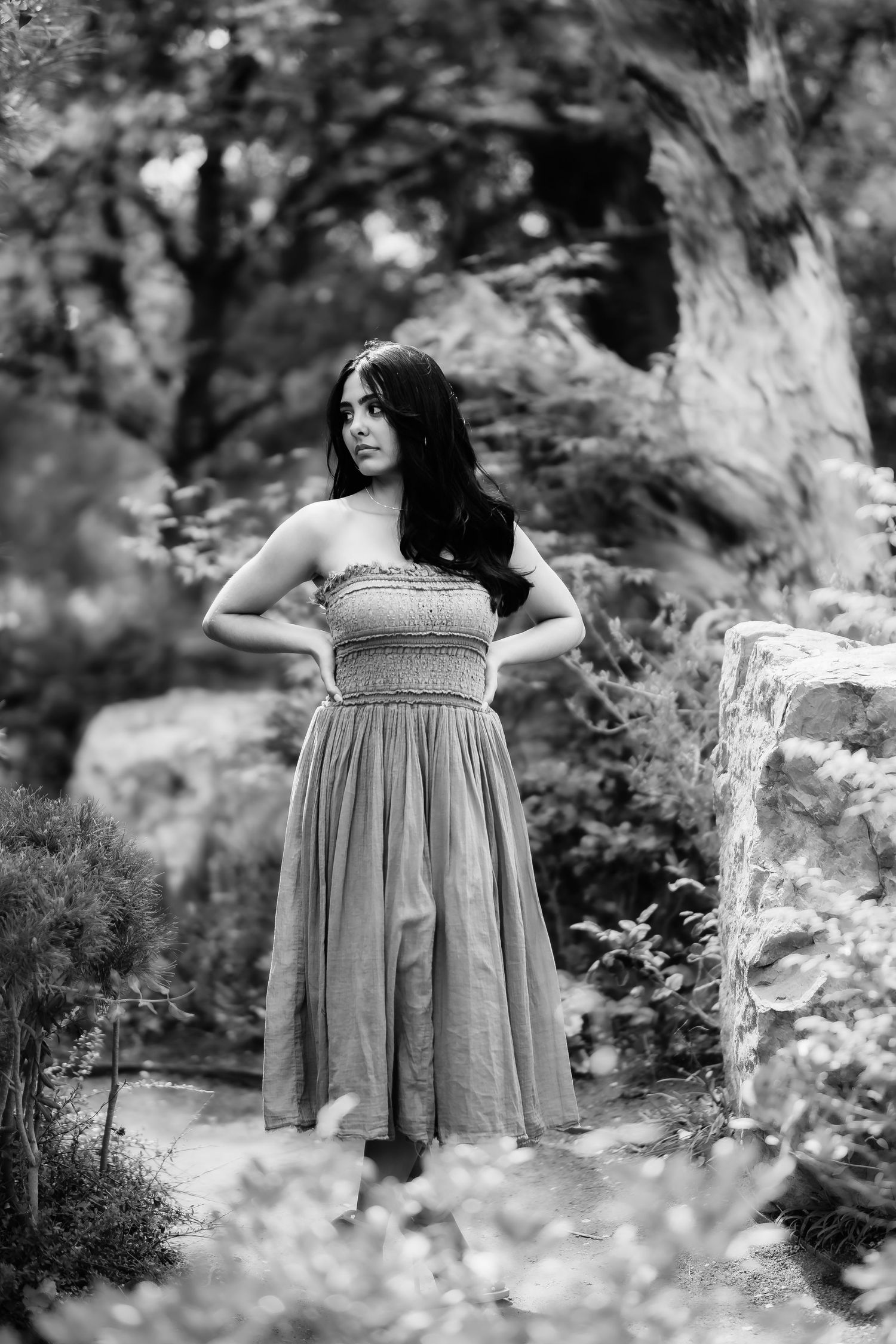 Black and white photo of a strapless dress silhouette surrounded by garden scenery.