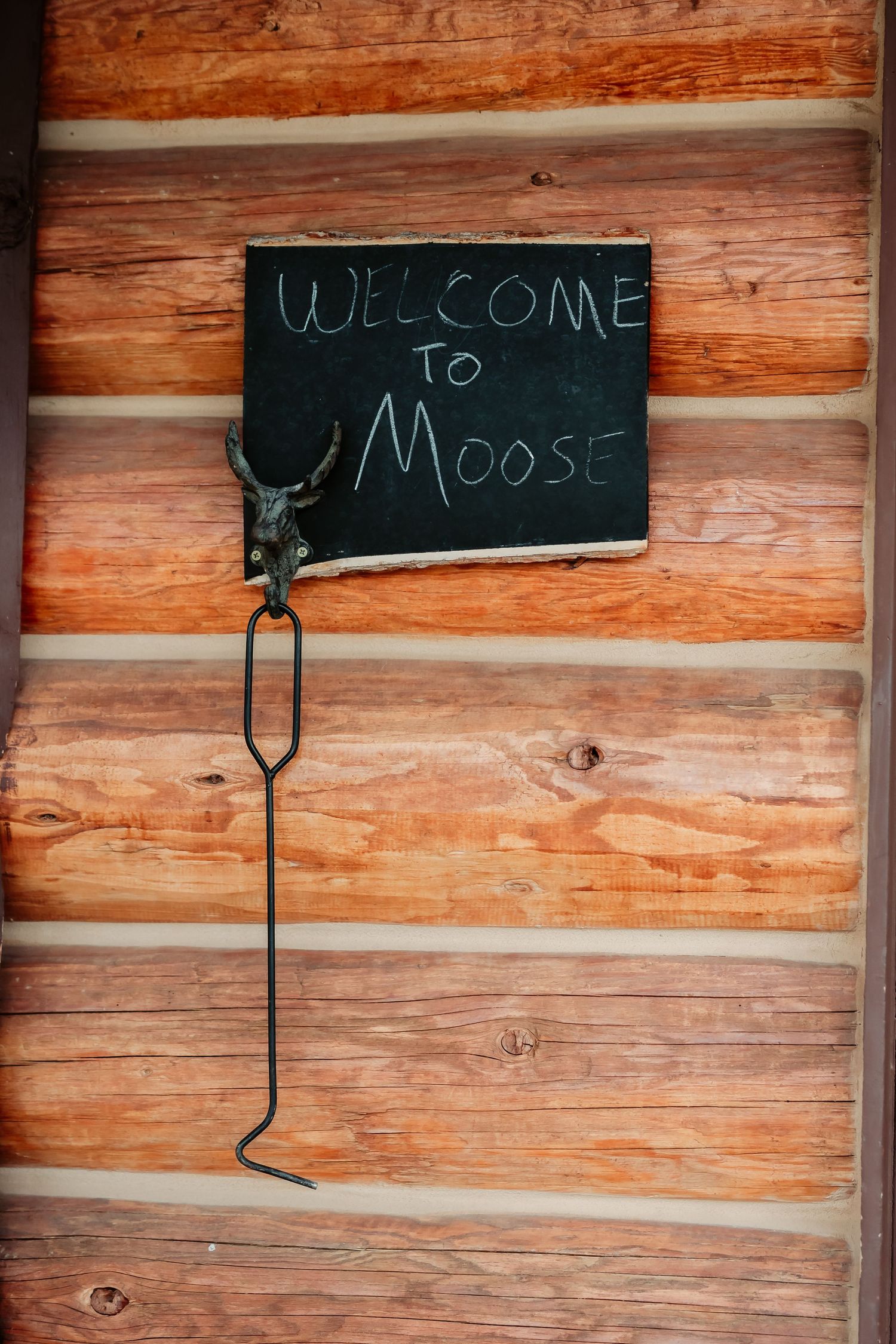 Rustic wooden wall with chalkboard signs spelling out 'Welcome to Moose' mounted against log cabin siding.