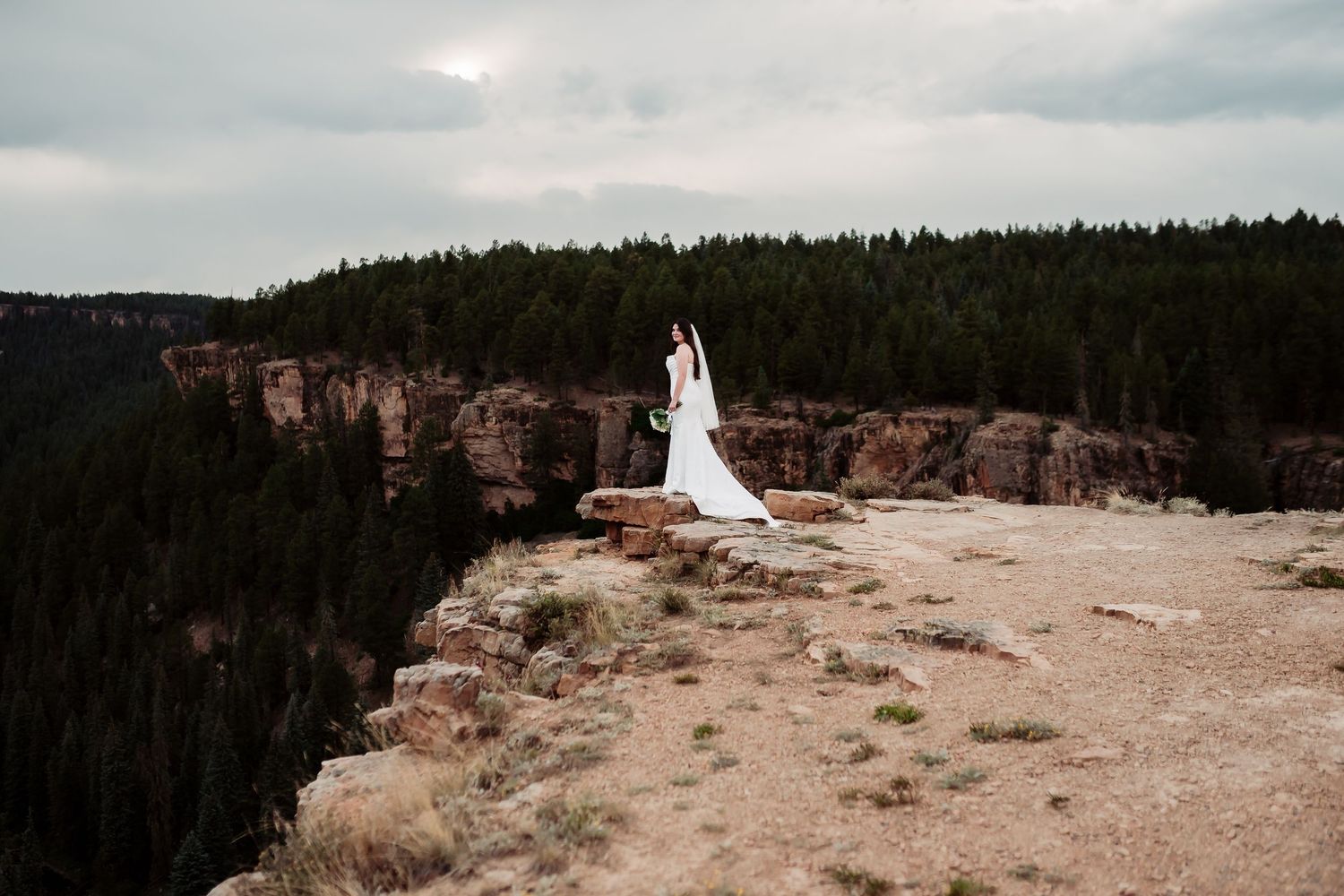 A dramatic wedding photo taken on a rocky mountain overlook with forest views.