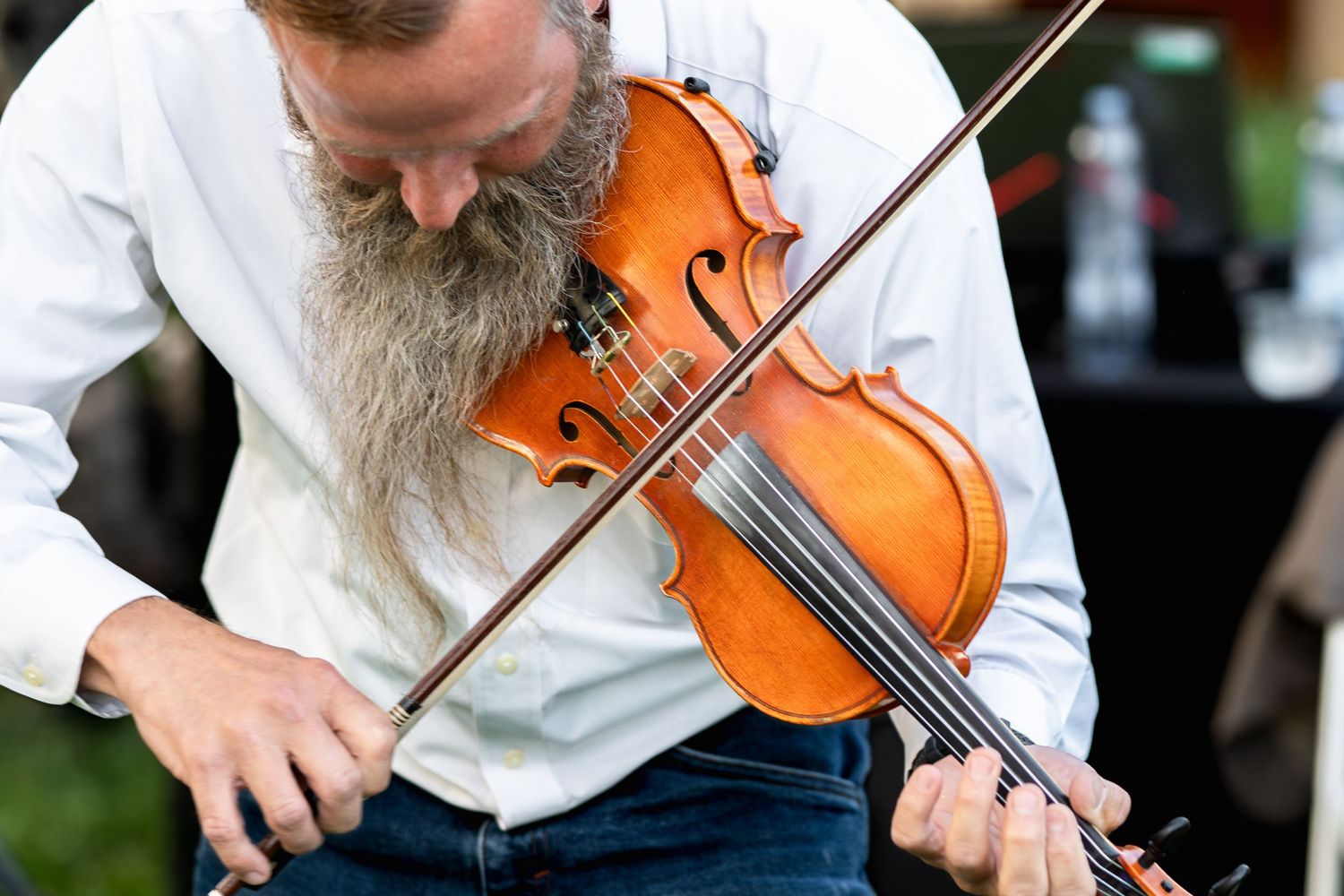 Musician with a long grey beard plays a wooden violin while wearing a white shirt and blue jeans.