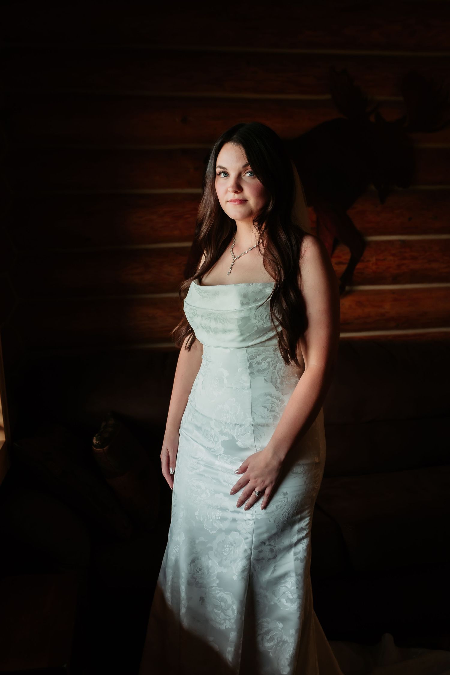 An elegant white wedding dress is showcased against dark wooden walls in a dramatic portrait setting.