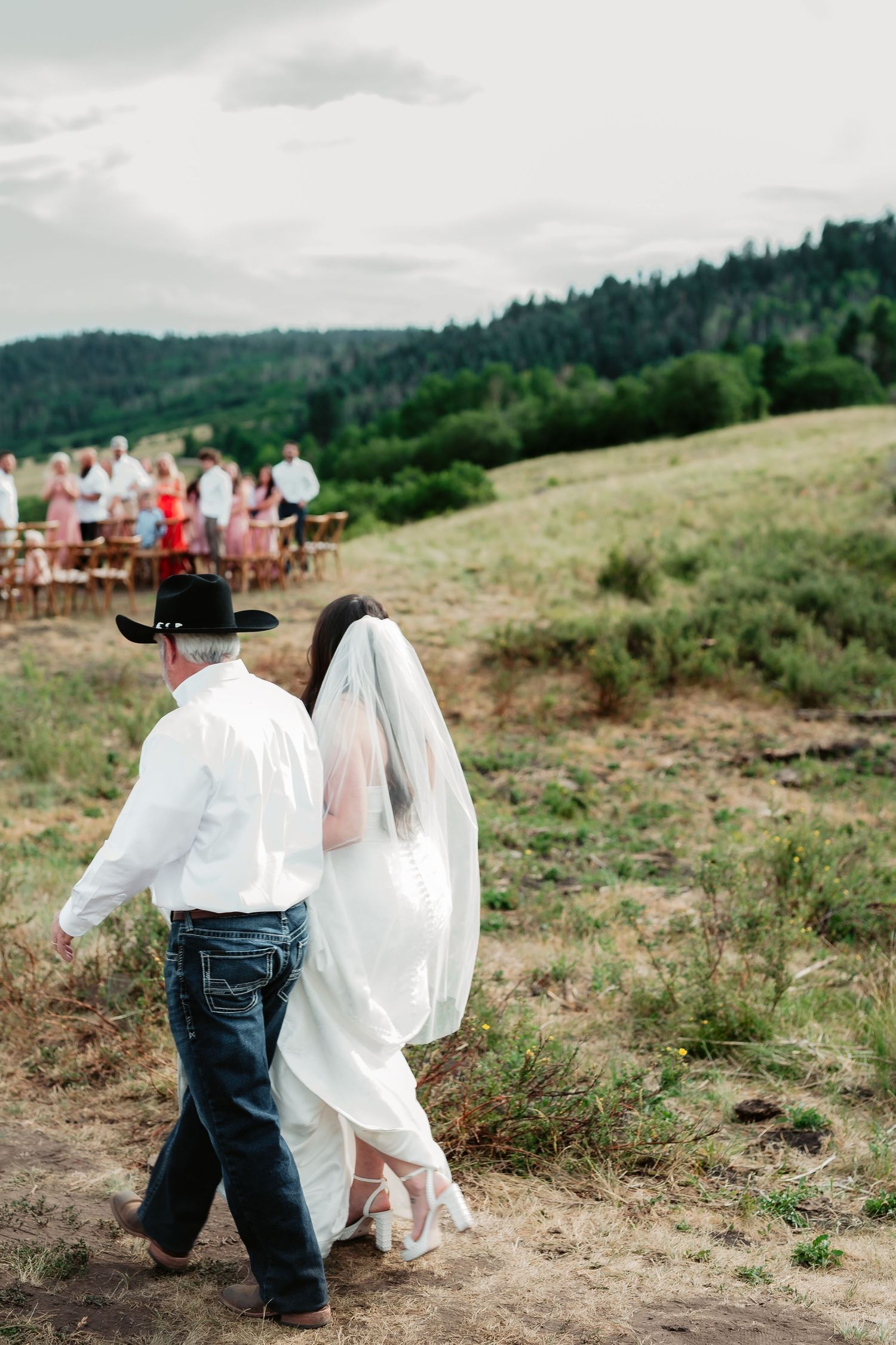 Couple walks through scenic mountain landscape with wedding guests visible in background.