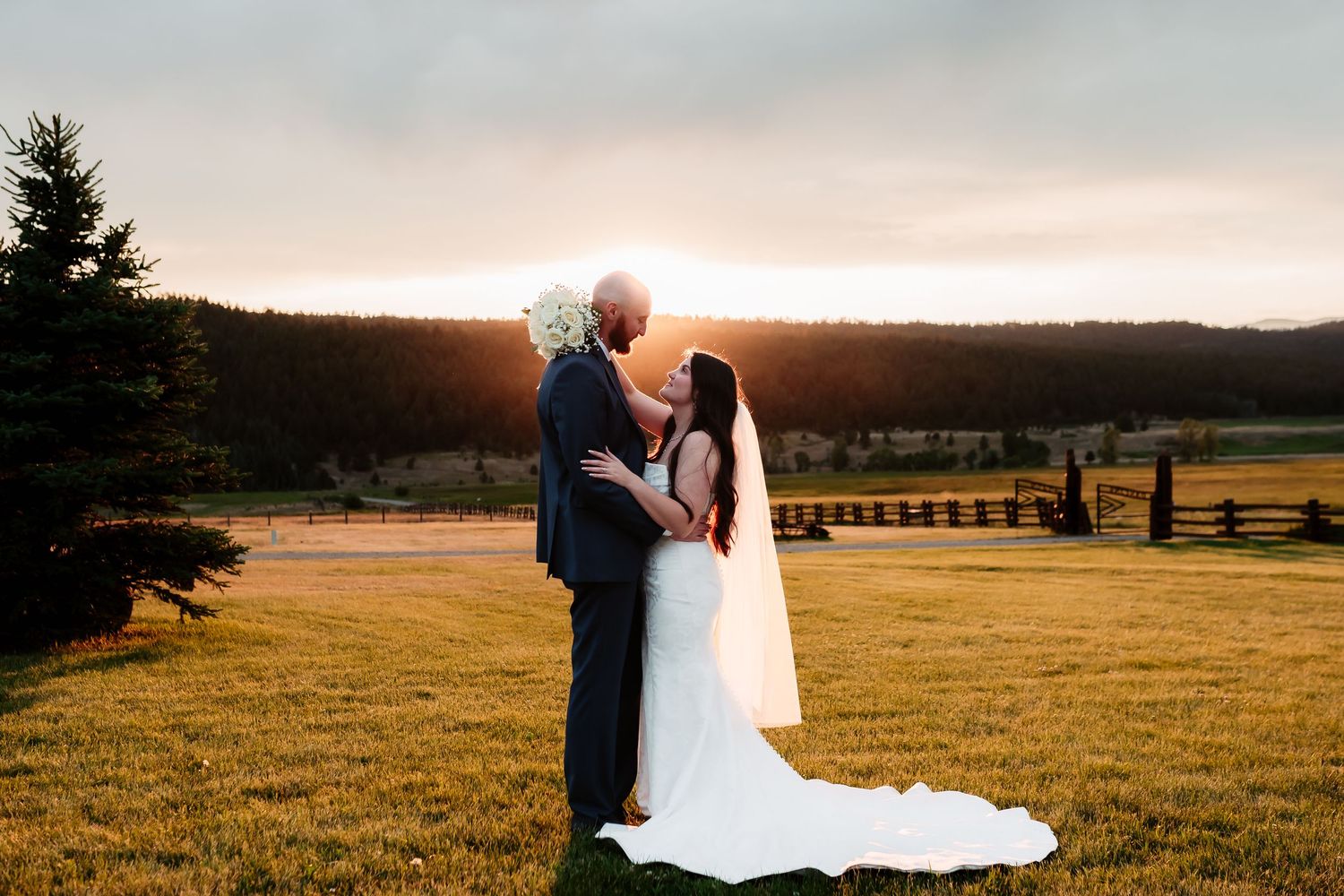 A romantic sunset wedding portrait in a mountain meadow with evergreen trees.