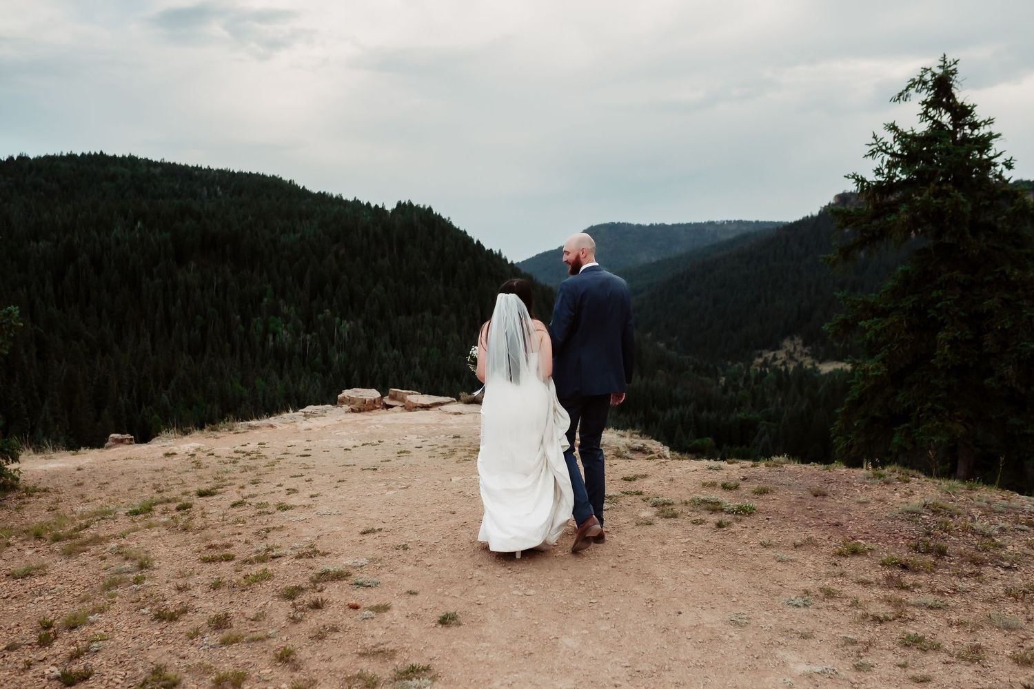 Scenic mountainside wedding portraits with dramatic forest and valley views.