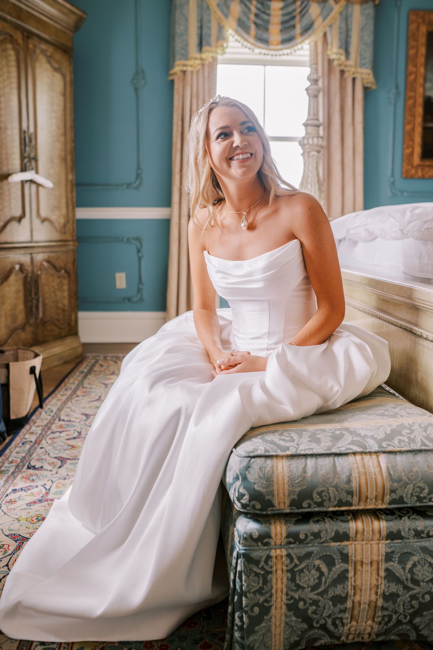A sequence of elegant bridal portraits showing a white wedding dress against a teal blue classic interior setting.