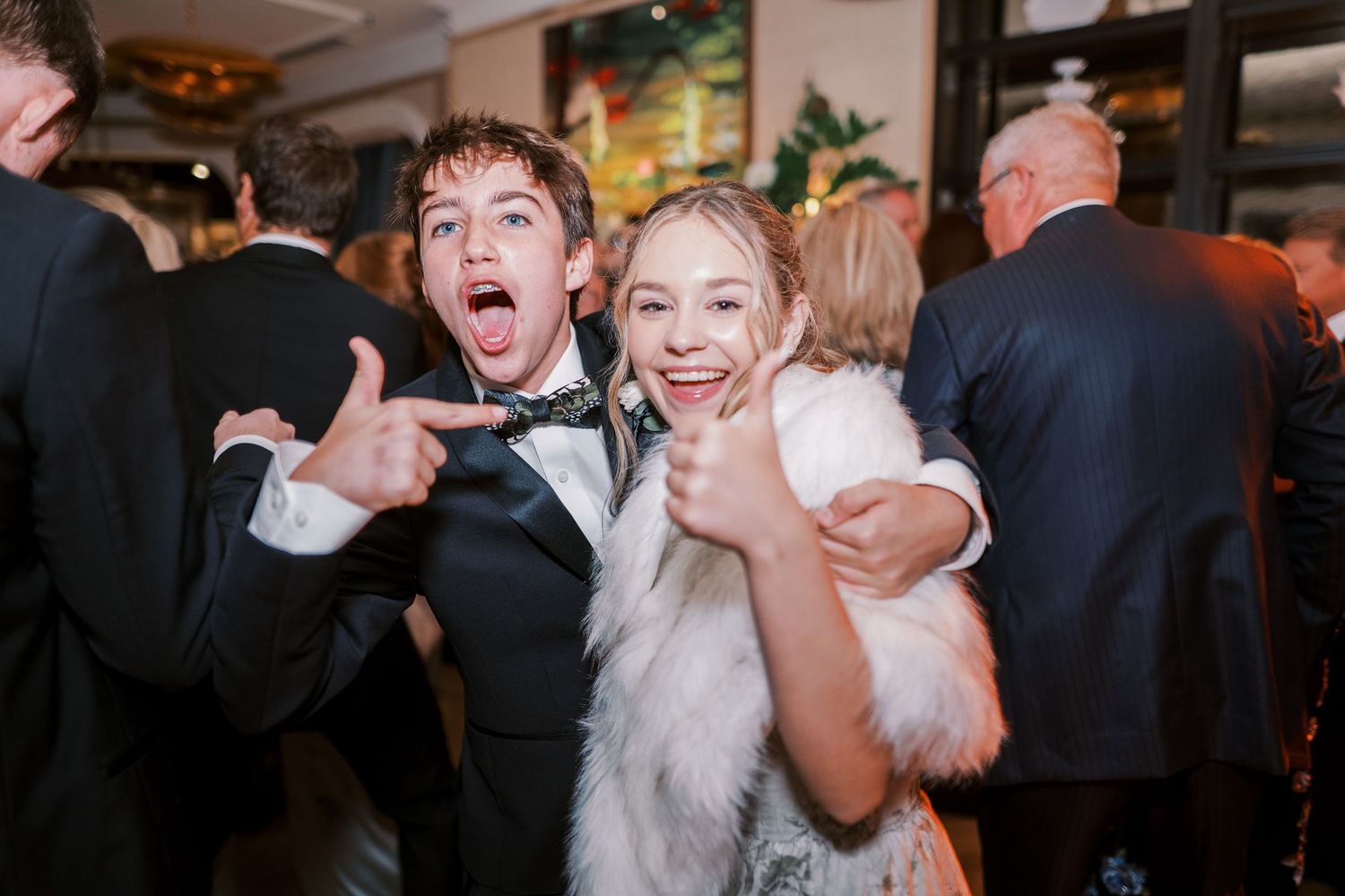 A sequence of celebratory candid moments shows joyful expressions during a reception gathering.