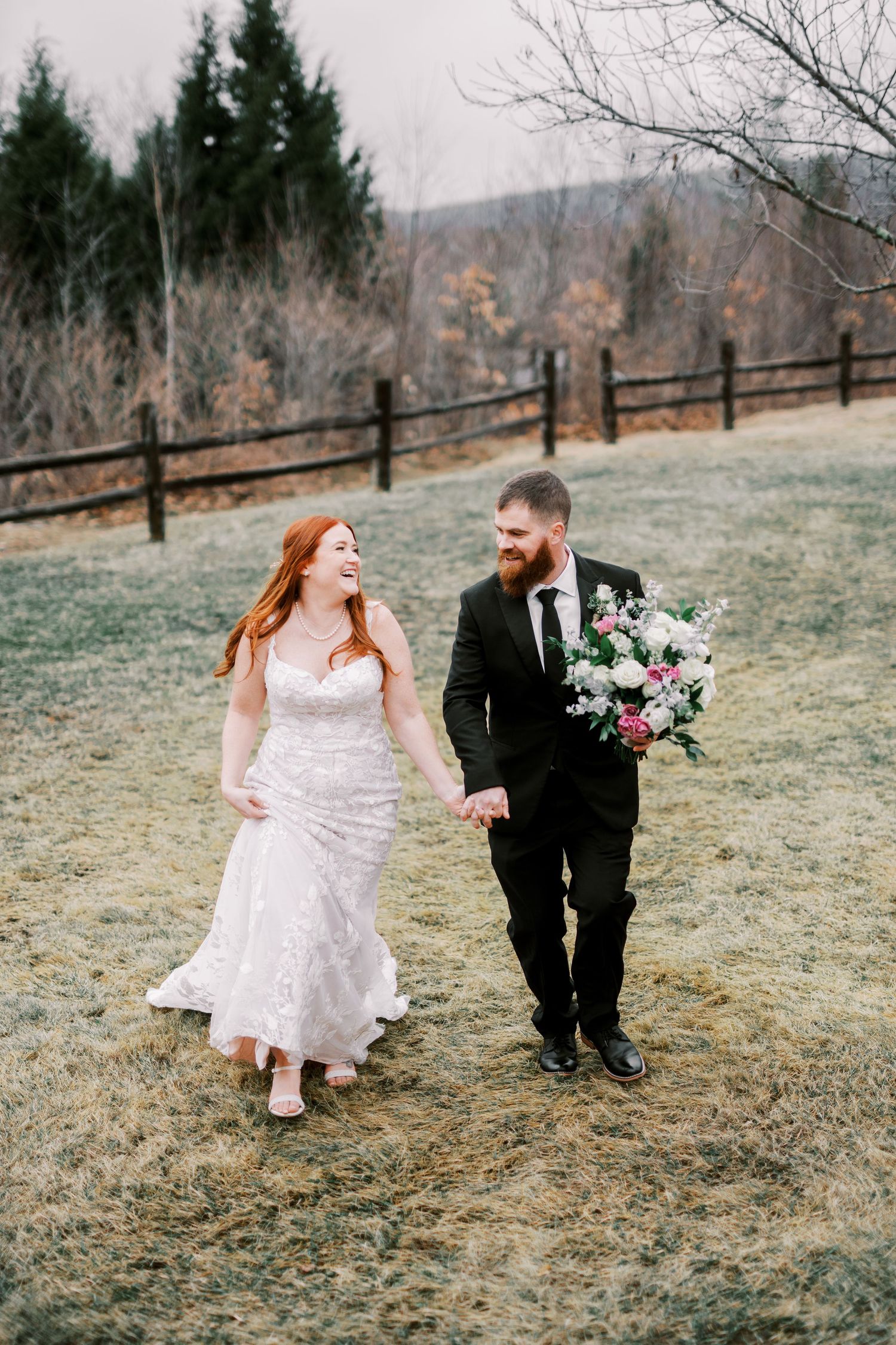 A romantic wedding photo sequence showing a couple sitting on a hillside in winter with a rustic wooden fence backdrop.