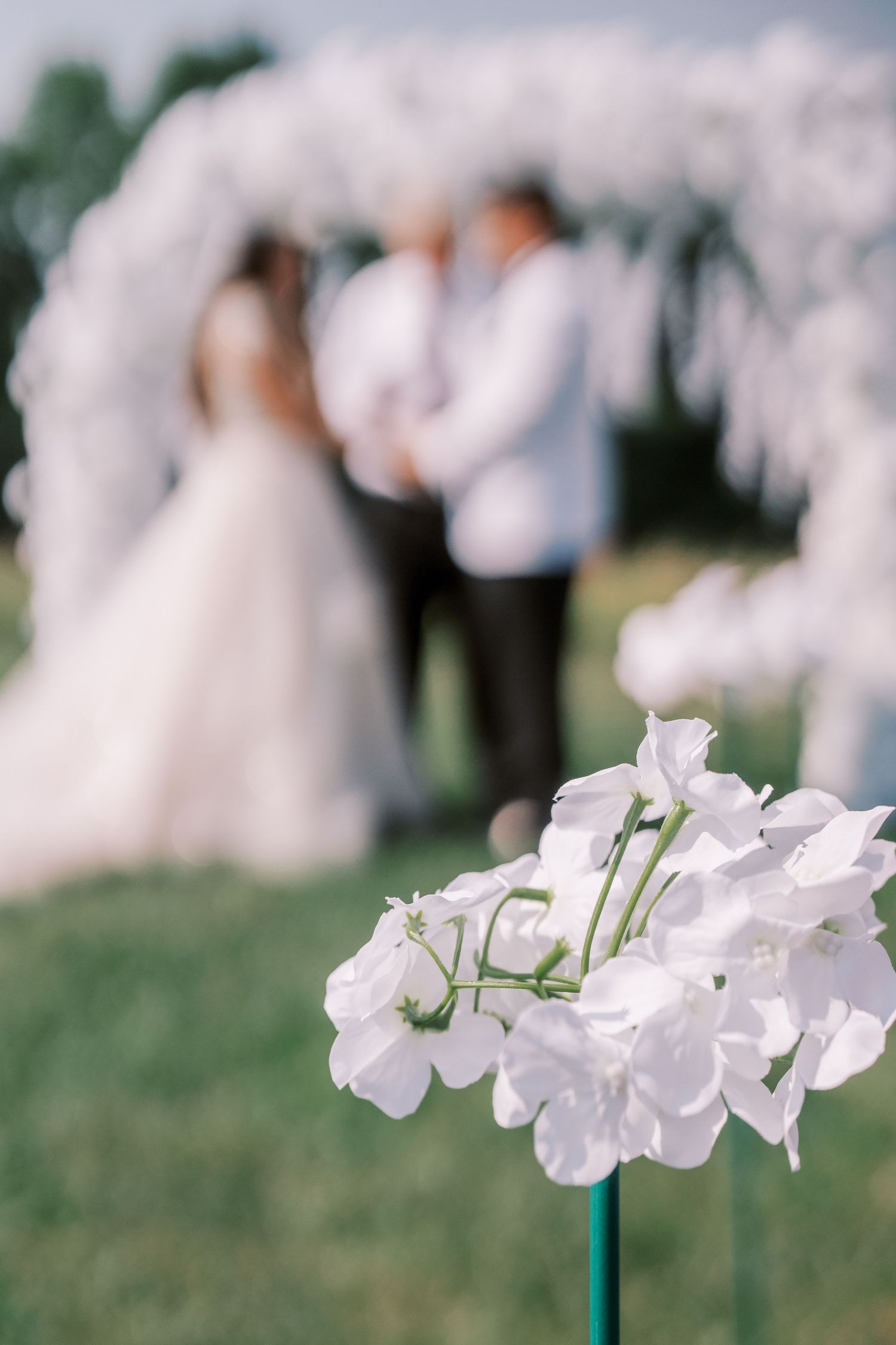 Delicate white flowers in foreground with blurred outdoor wedding ceremony taking place in background.