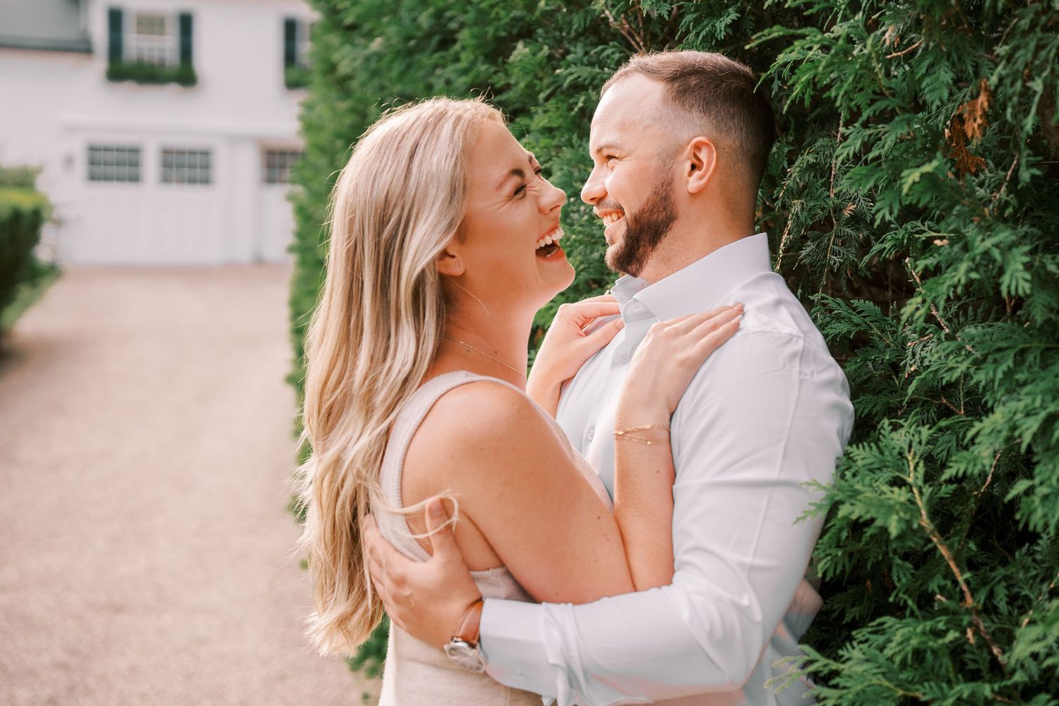 A romantic wedding shoot captured in four sequential photos outdoors with lush green foliage in the background.