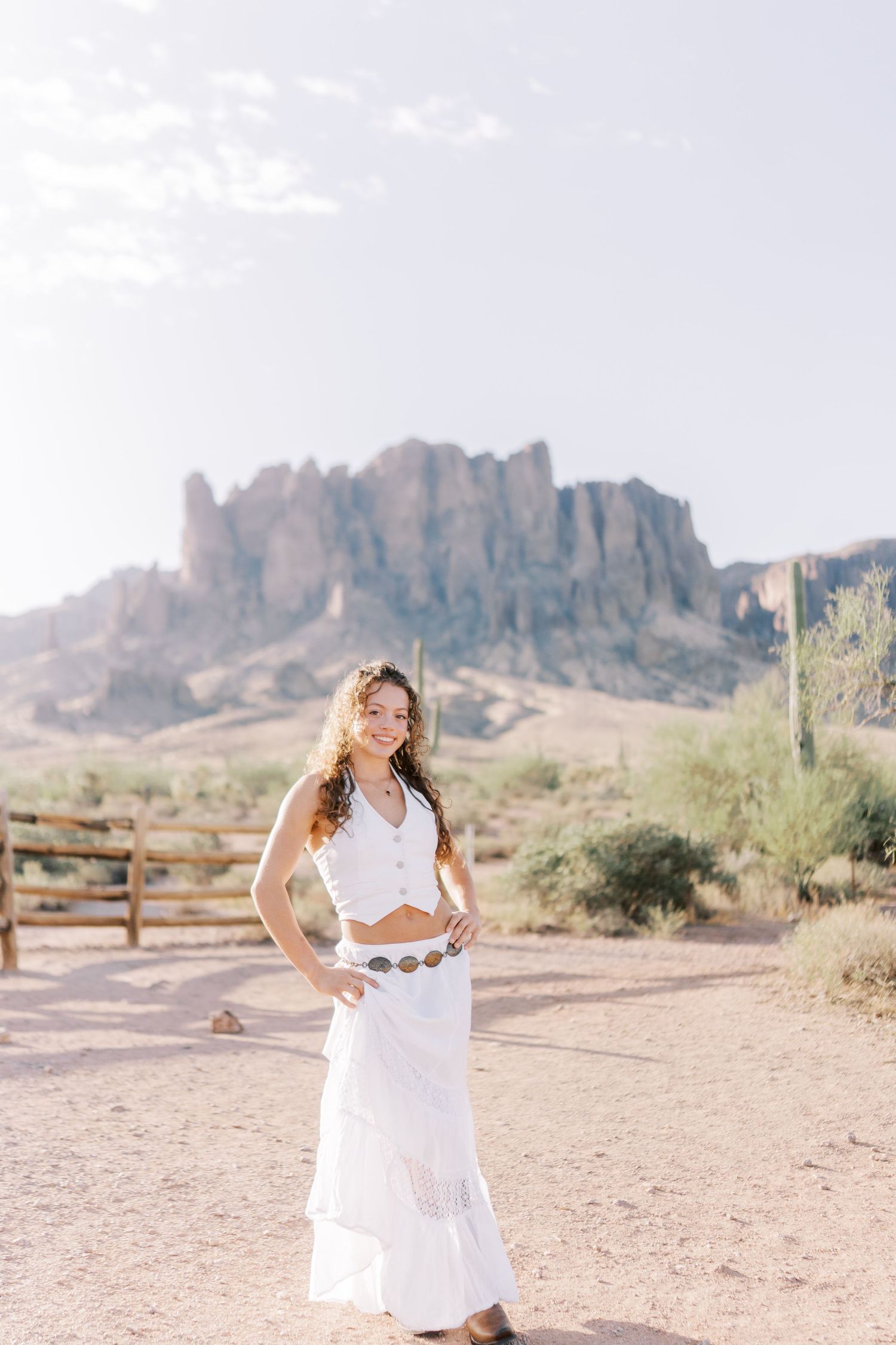 A scenic desert landscape with Superstition Mountains in the background and desert vegetation along a dirt pathway.