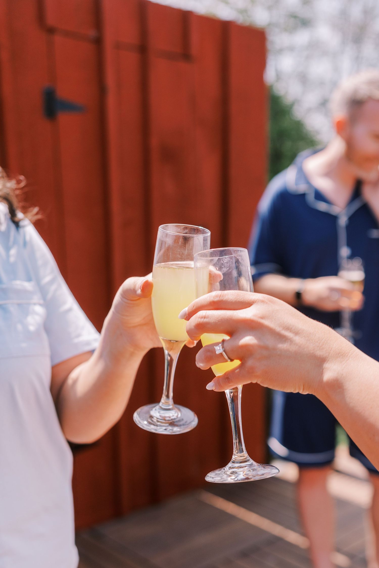 Guests toasting with champagne flutes at an outdoor celebration.