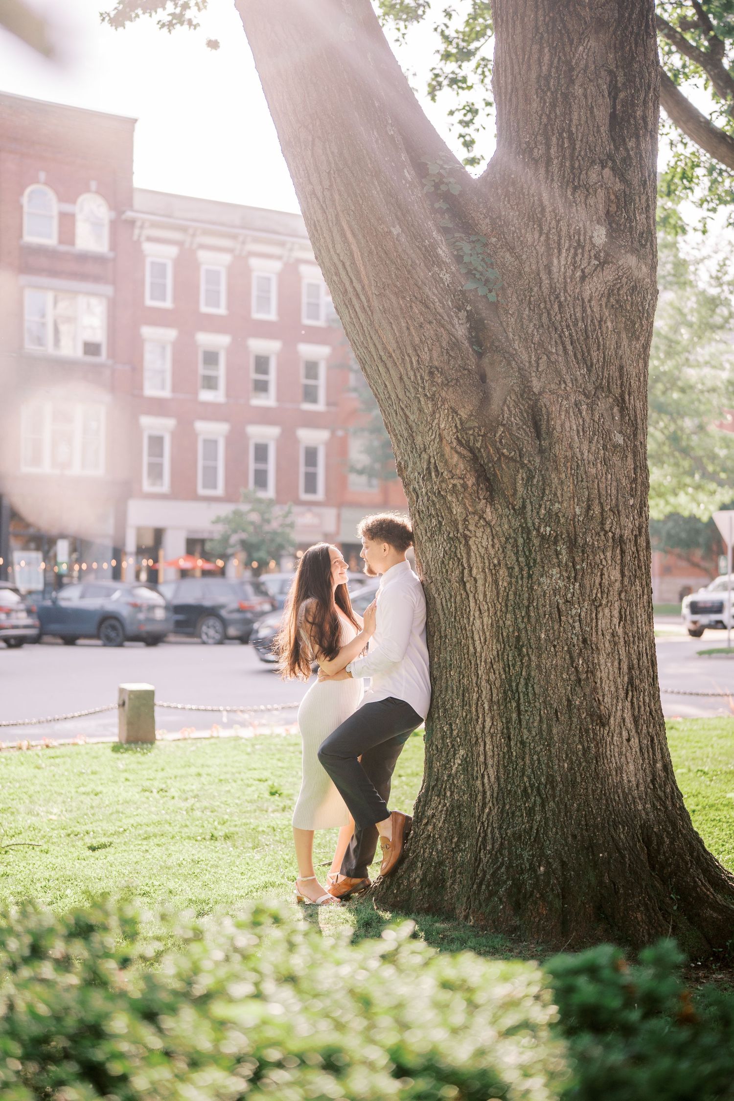 A couple shares a romantic moment beneath a large tree in front of a brick apartment building on a sunny afternoon.