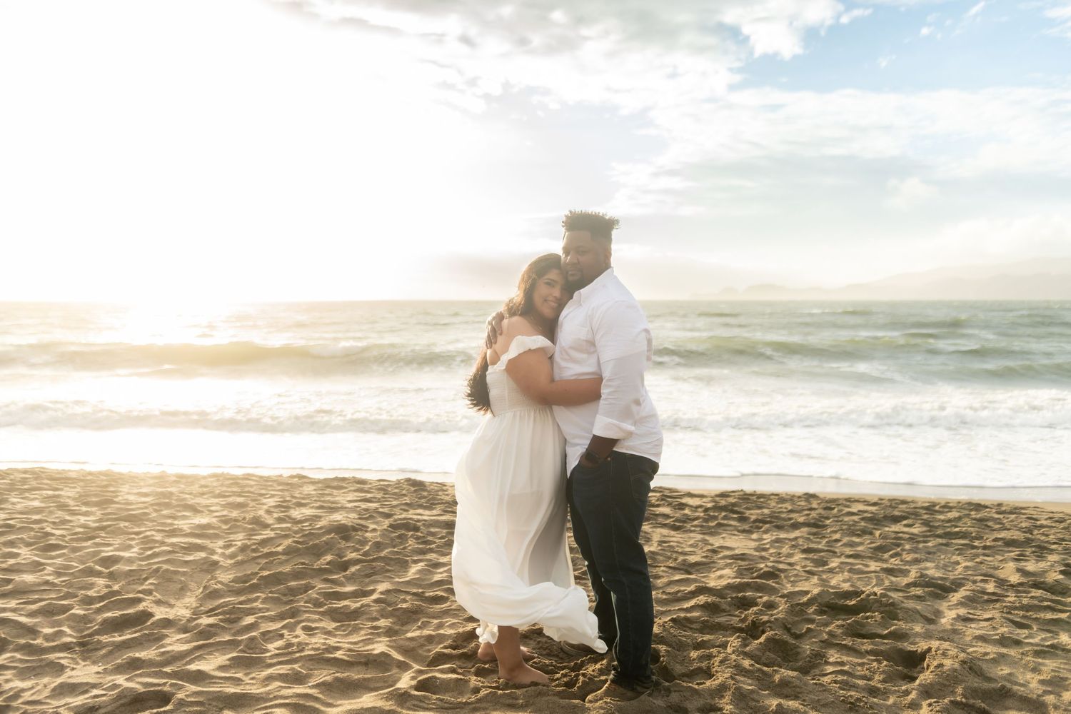 A collection of scenic beach wedding photographs shows intimate moments against the backdrop of waves and sunset.